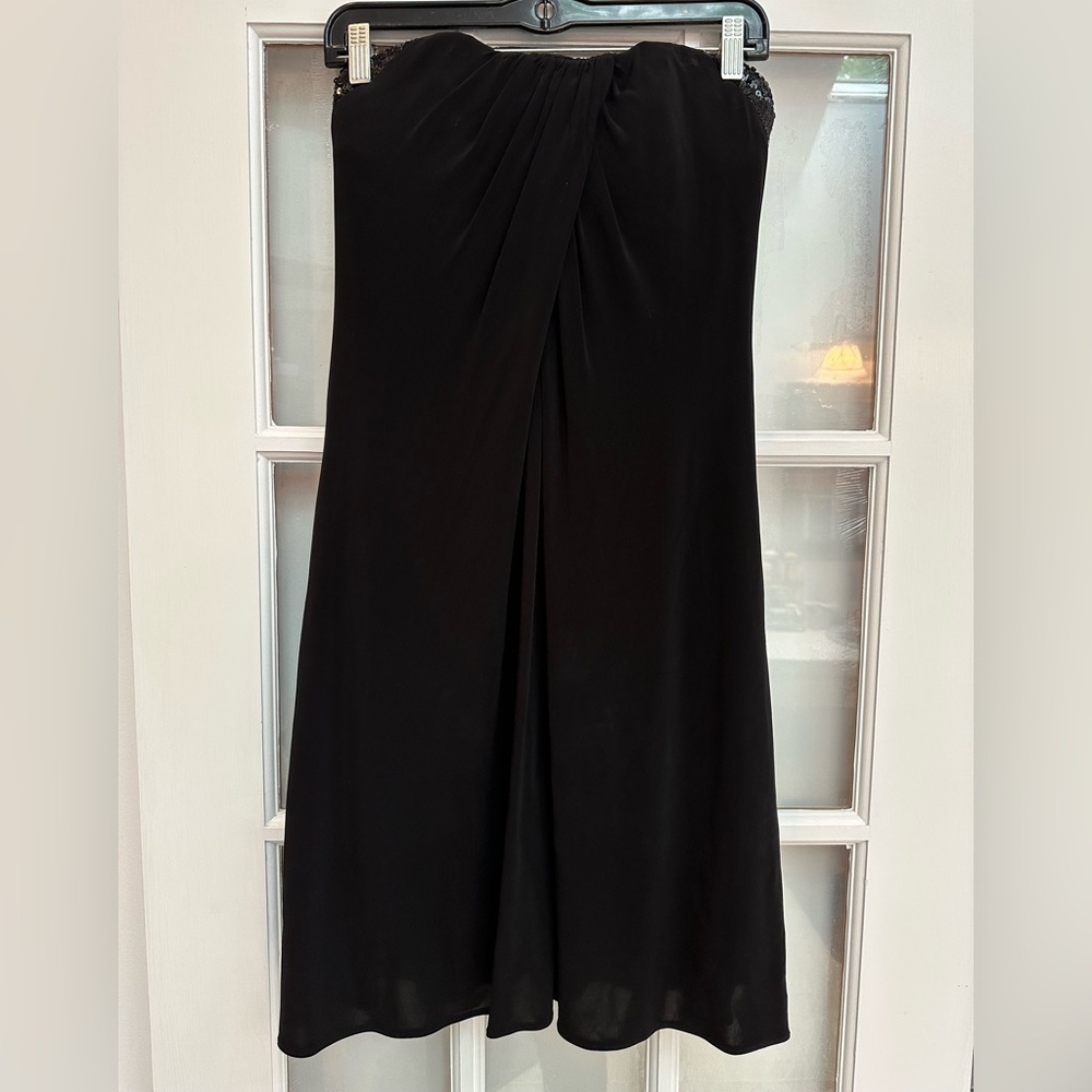 Badgley Mischka Black Strapless Draped Silk Sequin Back Cocktail Dress Size 2 XS